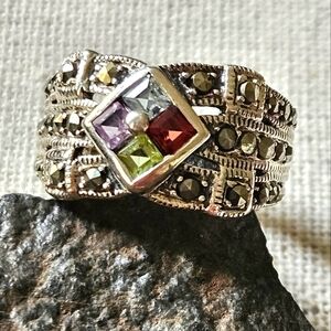 Vintage Sterling Silver Marcasite Gemstone Ring